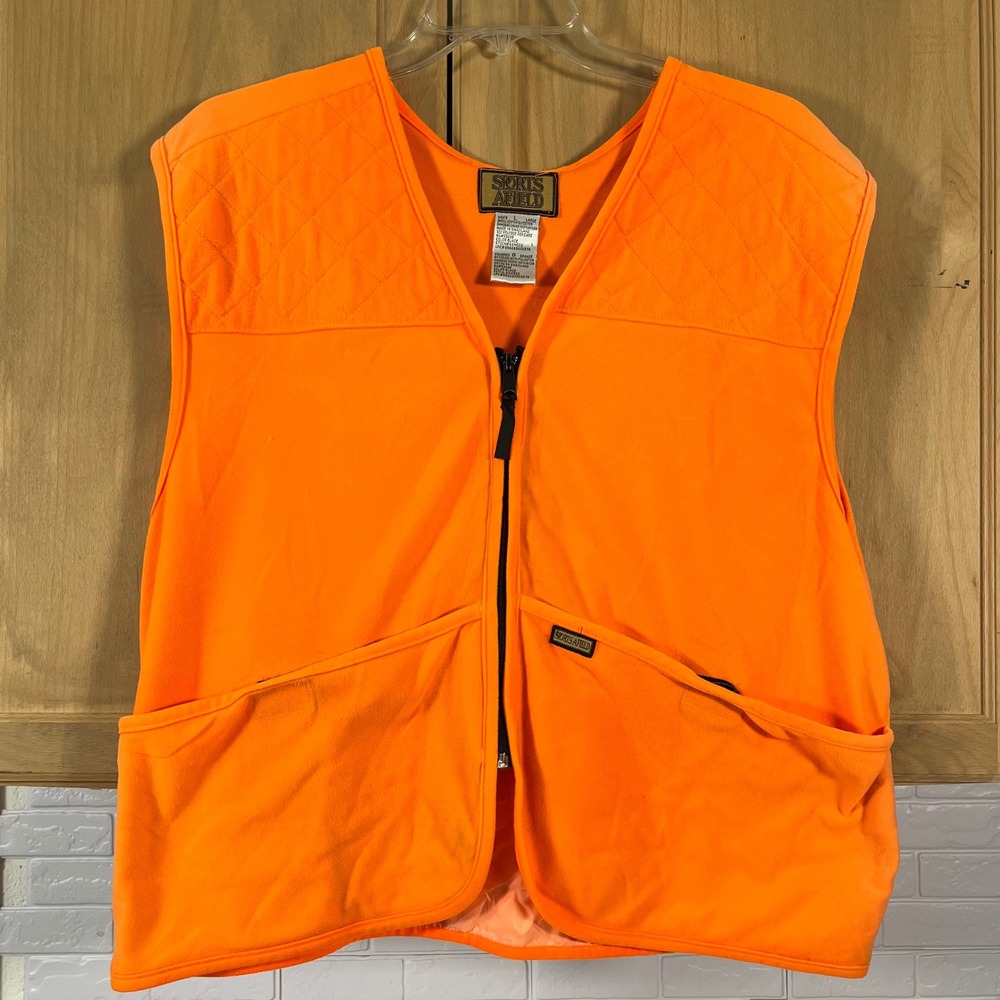 Sports Afield Hunting Vest Mens Large Blaze Orange Fleece Quilted Game Bag Zip